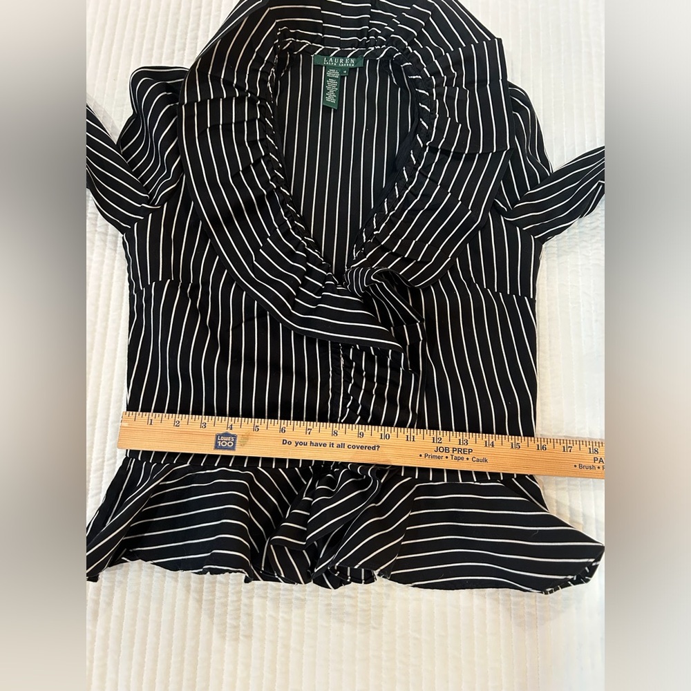 Lauren Ralph Lauren Blk Pinstripe Ruffle Peplum Blazer Shirt Steampunk SZ 10 - Picture 15 of 16